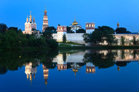 New Maidens' Convent (Novodevichy Monastery). Night view  from pond, reflection in water. Moscow, Russia.の写真素材