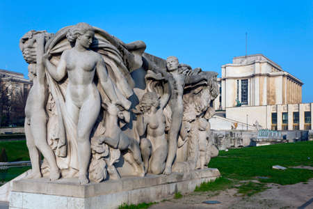 The sculptural composition on the background of Palais de Chaillot. Paris, France.のeditorial素材