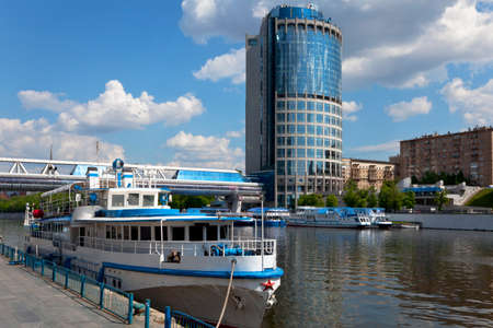 Moored vessel at the Moscow River embankment near the bridge "Bagration".の写真素材