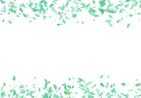 Green leaves falling down. Green leaves falling. Exotic green foliage flying on white background. Ecstatic foliage overlay template. Love, romance concept.の写真素材