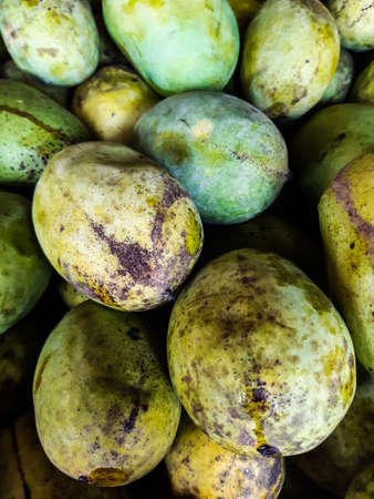 Light green and yellow ripe mangoes are kept for sale in baskets in front of the shop. Mango is a...