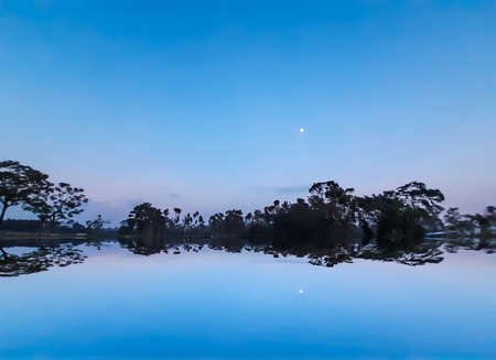 The rural environment of India during sunset. Moonlight, clear blue sky and reflection of green trees.の写真素材