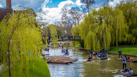 Cambridge, United Kingdom - 17 April, 2016 : People punting on river Cam, enjoying a wonderful weekendのeditorial素材