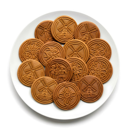 Round Dutch speculaas cookies with windmill, character, and floral patterns on white plate, warm tones, realistic, detailed, cinematic, 4K.の写真素材