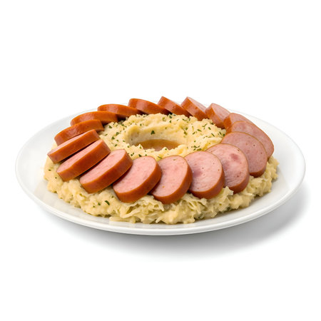 Mashed potatoes with round sausage slices arranged around on white plate, soft lighting, detailed, cinematic, 4K.の写真素材