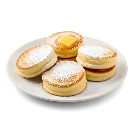 Fluffy Japanese pancakes dusted with powdered sugar, topped with melted butter on white plate, soft lighting, detailed, cinematic, 4K.の写真素材