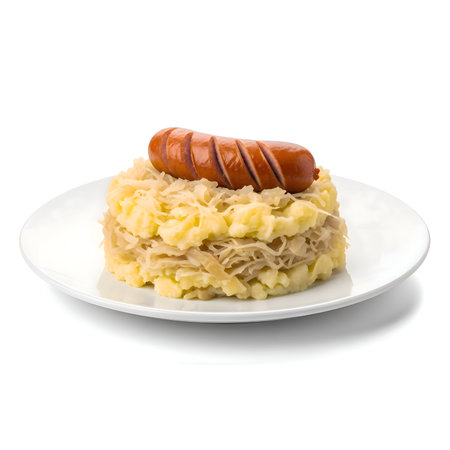 White plate with creamy mashed potatoes topped with sauerkraut and sliced brown smoked sausage, soft focus, detailed, cinematic, 4Kの写真素材