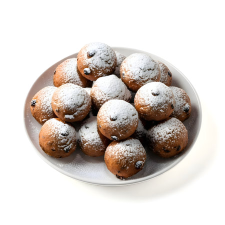 Golden crispy Dutch oliebollen generously dusted with powdered sugar, dark raisins visible, on white plate, detailed, cinematic, 4K.の写真素材