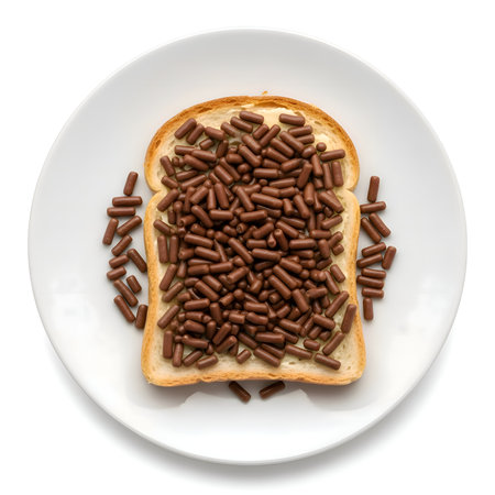 Toasted bread generously topped with chocolate sprinkles on white plate, soft overhead lighting, rich colors, detailed, cinematic, 4K.の写真素材