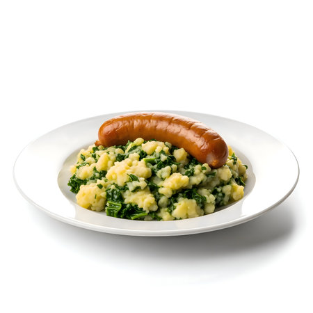 Creamy mashed potatoes with spinach, topped with glossy brown sausage on white plate, soft studio lighting, detailed, cinematic, 4K.の写真素材