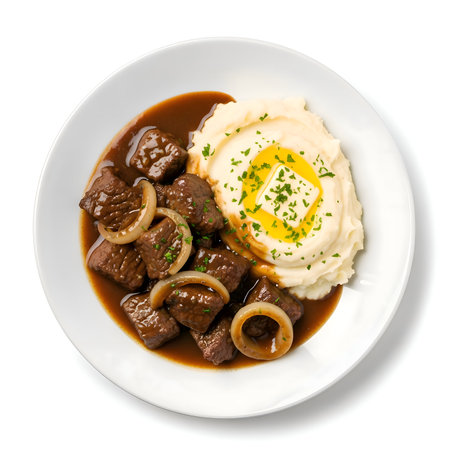Slow-cooked beef with onions in rich sauce, served with creamy mashed potatoes topped with butter and parsley, warm, detailed, cinematic, 4K.の写真素材