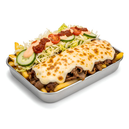 Kapsalon with fries, grilled meat, melted cheese, fresh salad, and tomatoes in metal plate, vibrant, detailed, cinematic, 4K, gourmet.の写真素材