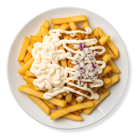 Crispy fries topped with mayonnaise, minced meat sauce, and chopped red onions on white plate, vibrant, top-down, detailed, cinematic, 4K.の写真素材