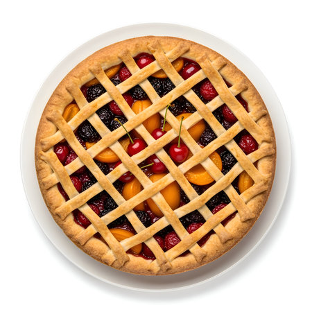 Lattice fruit tart filled with cherries, dried peaches, and berries, vibrant colors, studio-lit on white plate, highly detailed, cinematic 4K.の写真素材