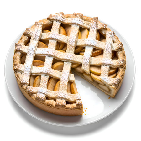 Delicious Dutch apple tart with lattice crust, missing slice, powdered sugar, golden apple filling, soft studio lighting, detailed, cinematic.の写真素材