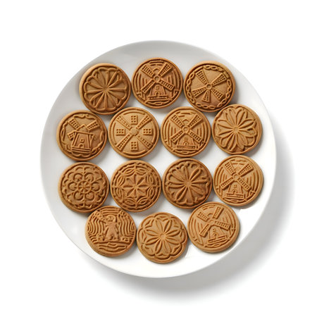 Traditional Dutch speculaas cookies with windmill and floral patterns arranged in circle on white plate, warm, detailed, cinematic, 4K.の写真素材