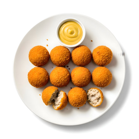 Twelve golden crispy Dutch kroketten on white plate with yellow mustard, two halved showing creamy filling, detailed, cinematic, 4K.の写真素材