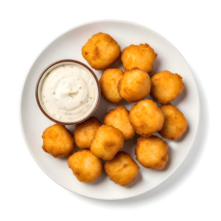 Golden fried cheese bites served with creamy ranch dip on white plate, soft overhead lighting, detailed, cinematic, appetizing.の写真素材