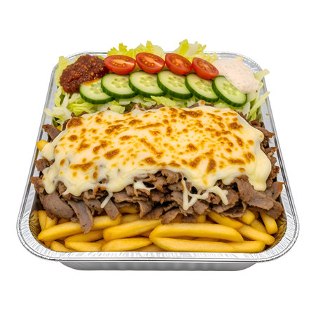 Close-up of delicious Kapsalon with grilled doner meat, melted cheese, fries, fresh salad, bright colors, detailed, cinematic, 4K.の写真素材