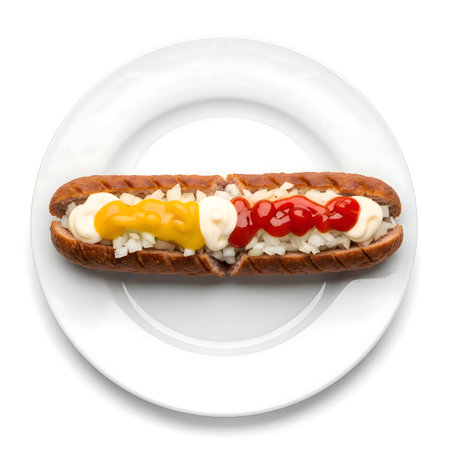 Grilled frikandel sliced and topped with chopped onions, mayo, mustard, and ketchup on white plate, vibrant, detailed, cinematic, 4K.の写真素材