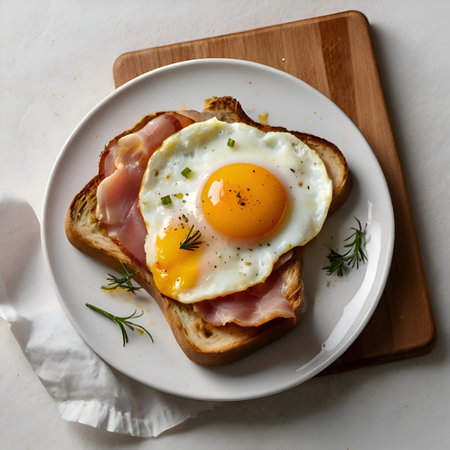 Toasted bread topped with crispy bacon, sunny-side-up egg, rosemary, and green onions on white plate, warm cinematic lighting, detailed, 4K.の写真素材