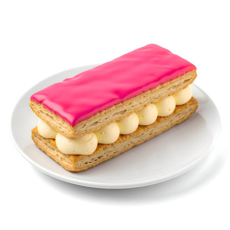 Pink strawberry tart topped with thick yellow custard on white plate, professional studio lighting, detailed, cinematic, visually delicious.の写真素材