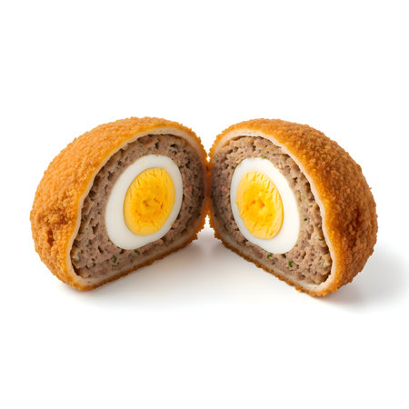 Crispy golden Scotch egg halved to show bright yolk and seasoned meat layer, studio-lit, detailed, cinematic, perfect appetizer.の写真素材