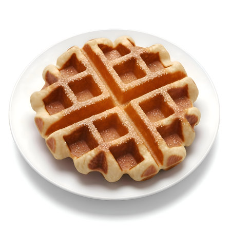 Delicious Belgian waffle dusted with sugar on white plate, warm tones, soft studio lighting, detailed, cinematic, gourmet.の写真素材