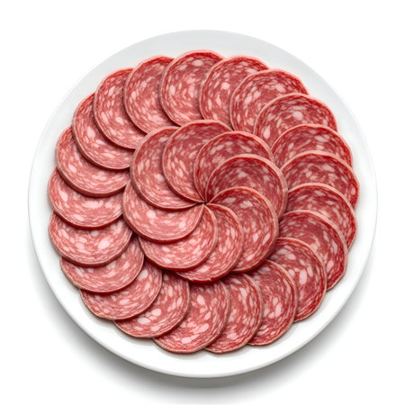 White plate with Italian salami slices arranged in spiral, soft studio lighting, rich colors, detailed, cinematic, gourmet.の写真素材