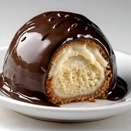 Round dark chocolate truffle with creamy white filling, cut open on white plate, glossy, cinematic, detailed, decadent dessert.の写真素材