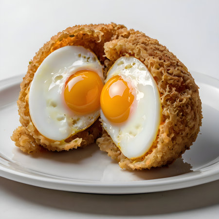 Crispy fried egg cut in half with flowing yolk on white plate, warm colors, cinematic studio lighting.の写真素材