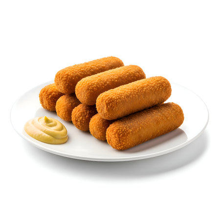 Golden Dutch kroket served with bright yellow mustard on a pristine white plate, crispy, delicious, perfect for snack lovers.の写真素材