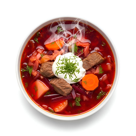 A hearty bowl of traditional Russian borscht rich with tender meat, beetroot, carrots, and fresh parsley, topped with a dollop of creamy sour cream. Steam rises gently from the whiの素材