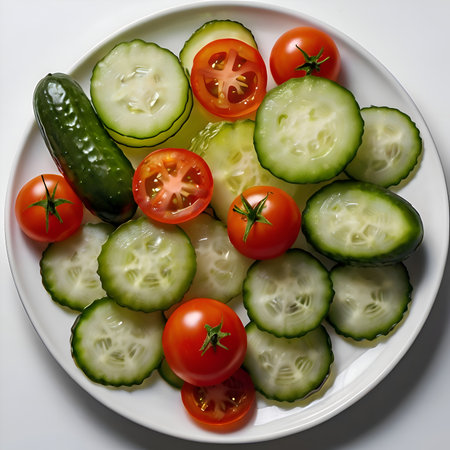 Fresh Russian salad with sliced cucumbers and whole tomatoes, accented by cherry tomatoes and a whole cucumber on a white plate.の素材
