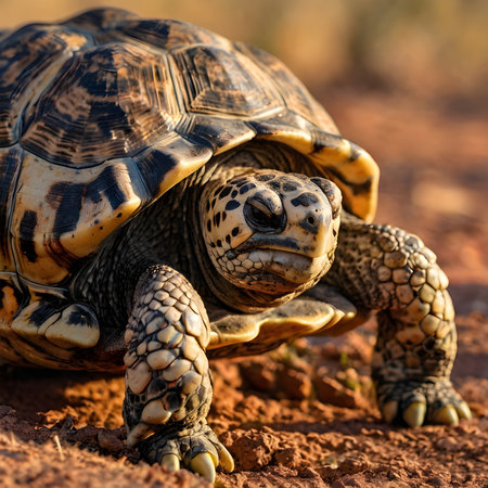 A large African spurred tortoise with textured scales and a patterned brown shell walking on dusty red soil under warm golden sunlight.の素材