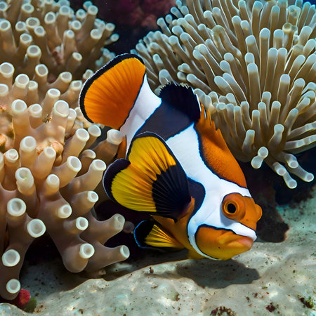 three-color clownfish swimming among sea anemones in tropical underwater scene.の素材