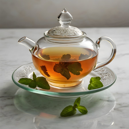 A glass teapot filled with fragrant Moroccan mint tea, served on a decorative plate with fresh mint leaves, captured in warm, soft cinematic lighting.の素材