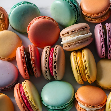 Vibrant Moroccan macarons in assorted colors, elegantly arranged on a white surface with soft cinematic lightingの素材