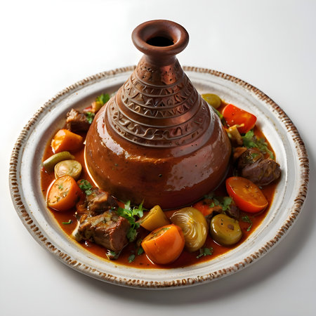 Traditional Moroccan meat tagine with tomatoes and assorted vegetables, served on a rustic white plate with dramatic cinematic lighting.の素材