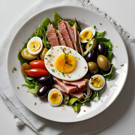 Delicious Moroccan NiÃ§oise salad with grilled tuna, boiled eggs, olives, cherry tomatoes, and fresh greens, garnished with rosemary.の素材
