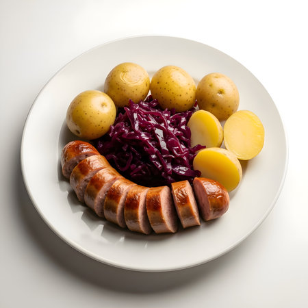Classic Danish plate with sliced sausages, red cabbage, and golden boiled potatoes.の素材