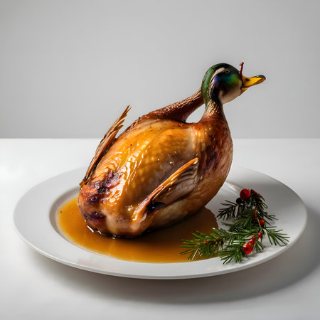 Golden Danish roasted duck with glossy glaze, rosemary, and red berries on a white plate.の素材