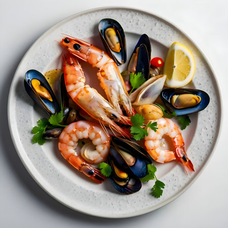 Elegant Danish seafood platter with shrimp, mussels, clams, lemon, and parsley garnish.の素材