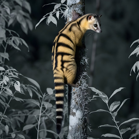 A striped animal with a long tail is seen climbing a tree. The animal has distinct stripes on its body and is surrounded by lush green foliage. It appears to be in a natural, foresの素材