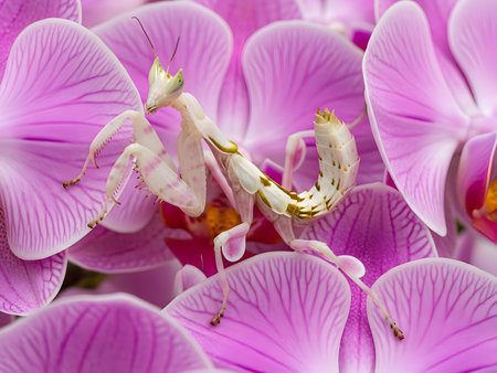 A close-up image of a delicate praying mantis perched on vibrant pink orchids. The mantis, with its slender body and intricate details, blends beautifully with the soft petals of tの素材