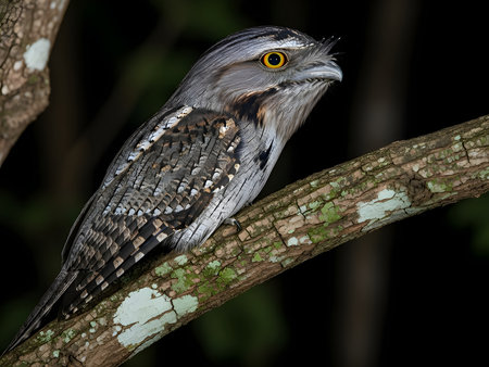 The image depicts a bat hanging upside down from a tree trunk. The bat has its wings partially spread, showcasing its distinctive fur pattern. The background is dark, possibly indiの素材