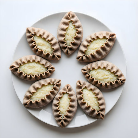 A plate holds eight beautifully arranged dumplings with a creamy filling. The dumpling wrappers have a slightly browned, crispy edge, indicating they have been cooked to perfectionの素材