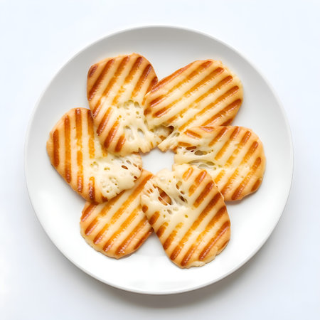 This image features a plate with several slices of grilled cheese sandwich. The sandwiches have distinct grill marks and appear to be filled with melted cheese. The plate is whiteの素材