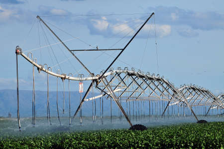 Merlo, San Luis, Argentina - February 3, 2009: Pivot type sprinkler irrigation equipment and forward advance, in a soybean field in Merlo, Province of San Luis, Argentina.のeditorial素材