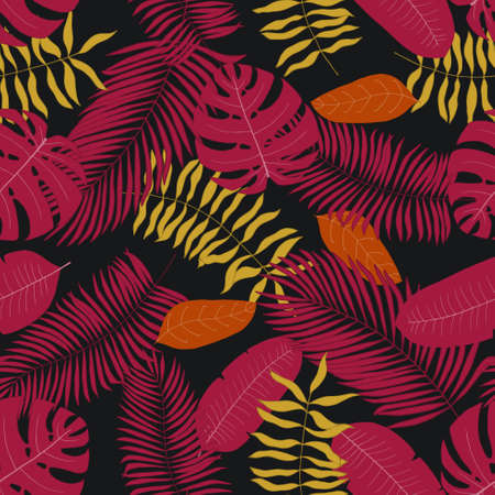 Seamless pattern with handdrawn tropical leaves.